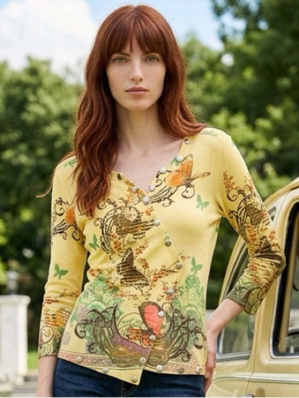 Women’s Boho Chic Casual Yellow Butterfly Floral Top Snap Button V Neck Small